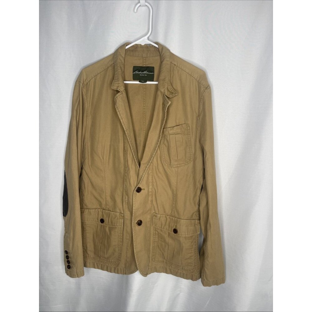 Eddie Bauer Large Mens Cotton Jacket with Leather Brown Elbow Patches Sport Coat